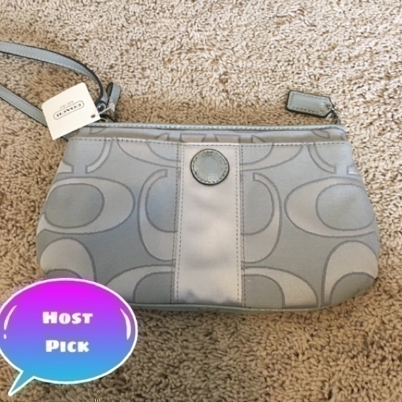 Coach signature fabric gray / silver oversized wristlet NWT